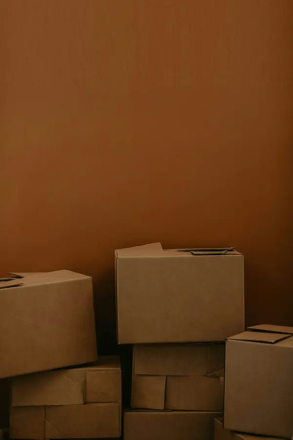 Stacked cardboard moving boxes
